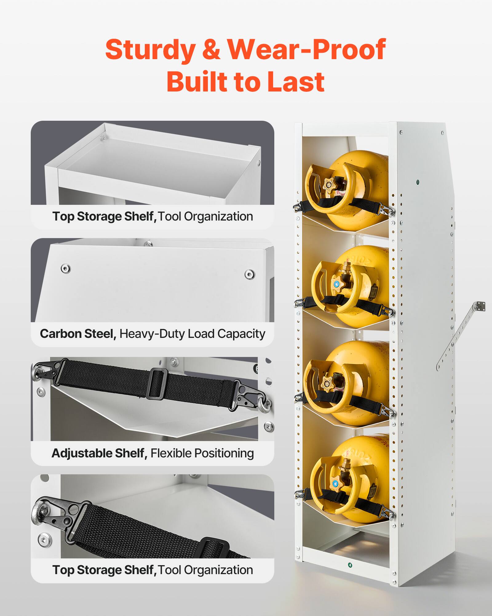 Sturdy & Wear-Proof Built to Last  
Top Storage Shelf, Tool Organization  
51 Carbon Steel, Heavy-Duty Load Capacity  
Adjustable Shelf, Flexible Positioning  
Top Storage Shelf, Tool Organization