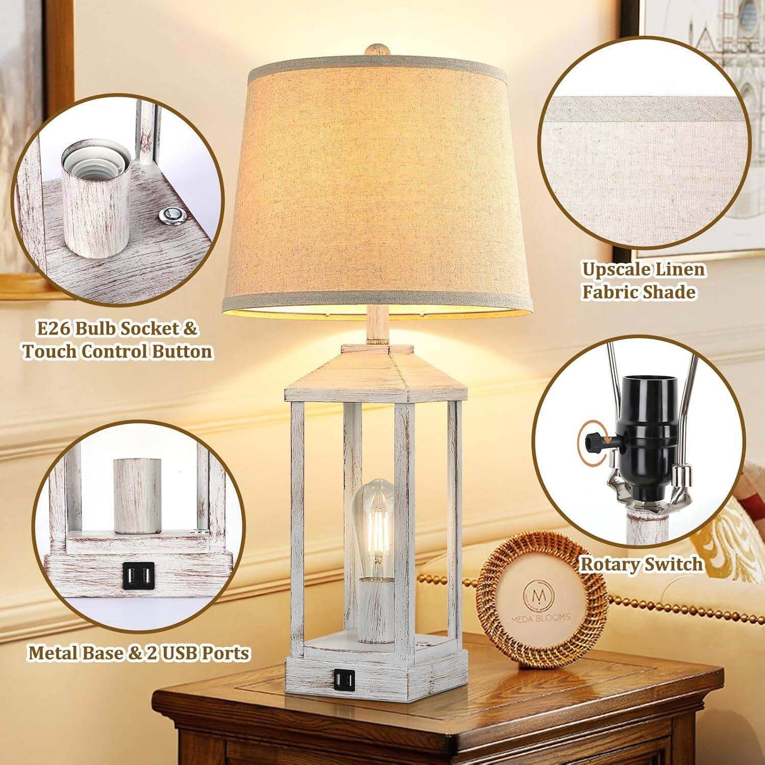 - Upscale Linen Fabric Shade
- E26 Bulb Socket & Touch Control Button
- Metal Base & 2 USB Ports
- Rotary Switch