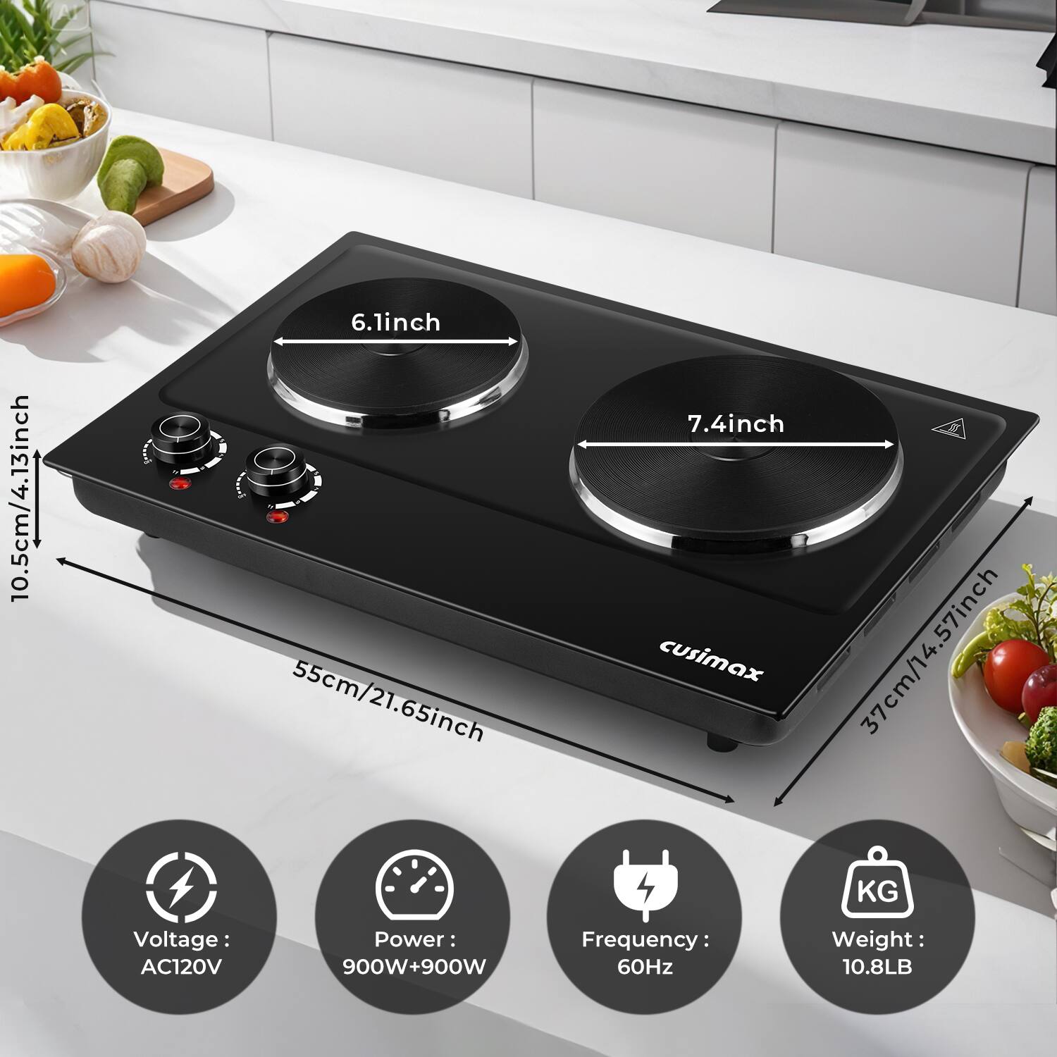 - 10.5cm/4.13inch
- 6.1inch
- 55cm/21.65inch
- 7.4inch
- 37cm/14.57inch

- cusimax

- Voltage: AC120V
- Power: 900W+900W
- Frequency: 60Hz
- Weight: 10.8LB
