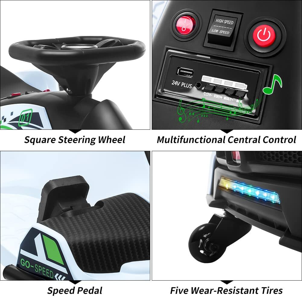 - Square Steering Wheel
- Multifunctional Central Control
- Speed Pedal
- Five Wear-Resistant Tires