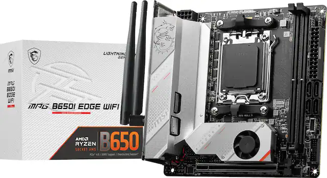 Front. MSI - MPG B650I EDGE WIFI (Socket AM5) AMD B650 Mini-ATX DDR5 Wi-Fi 6E Motherboard - Black.
