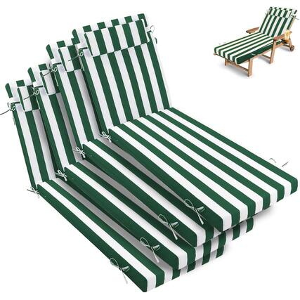 Front. Chateau Abodes - 4PCS Outdoor Chaise Lounge Cushion, Waterproof Patio Chaise Lounge Cushion with Ties, 72" L X 21" W X 3" D - Green and White Stripes.