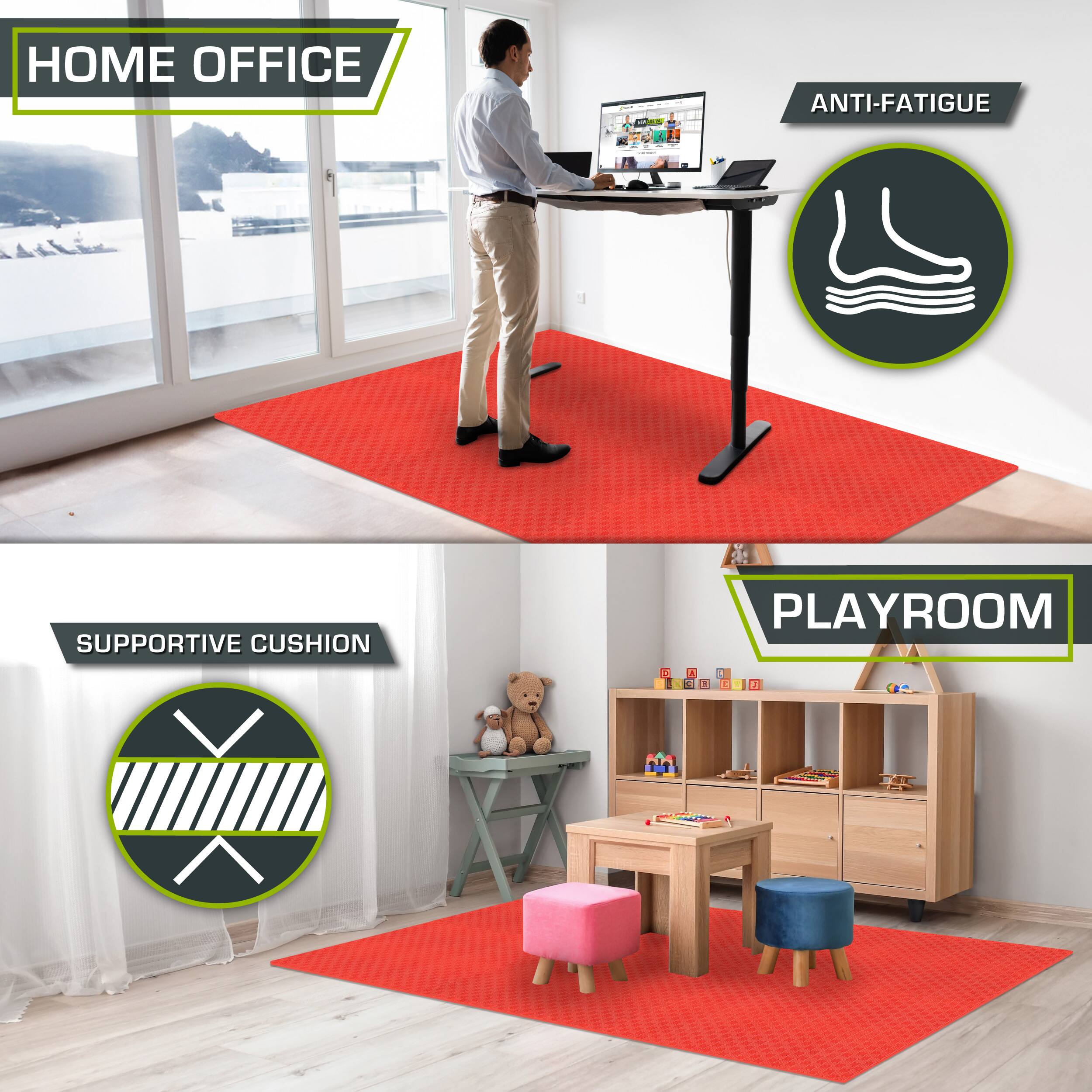 The corrected text from the image is:

- HOME OFFICE
- ANTI-FATIGUE
- SUPPORTIVE CUSHION
- PLAYROOM