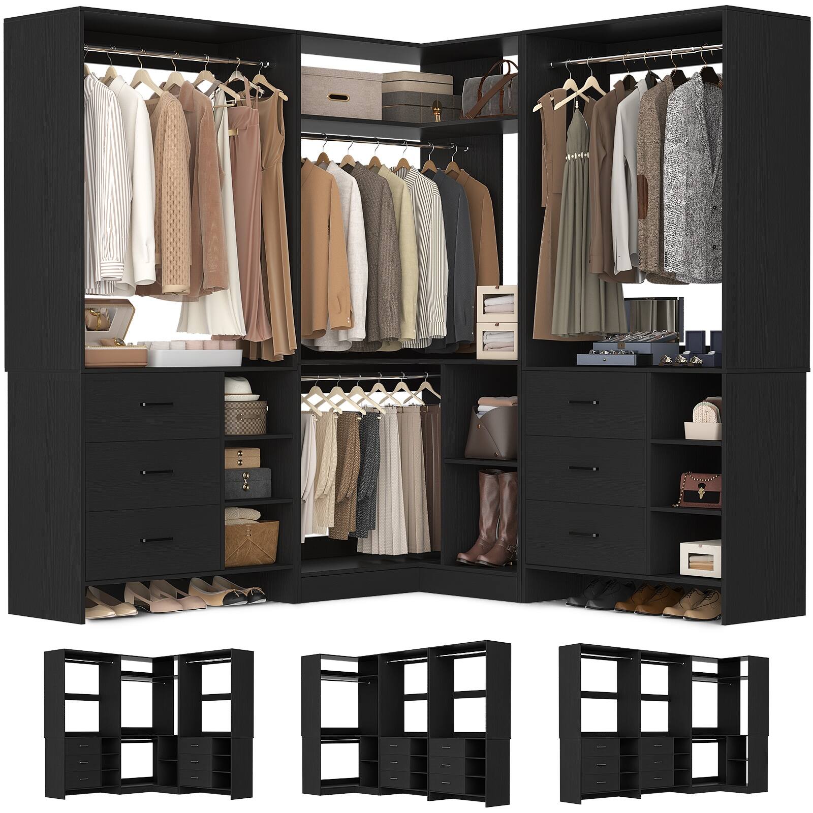 Angle. Aheaplus - 61'' - 92.6'' W L-Shaped Closet System - Corner Wardrobe System with 6 Drawers, 4 Hanging Rods, and Shelves - Black.