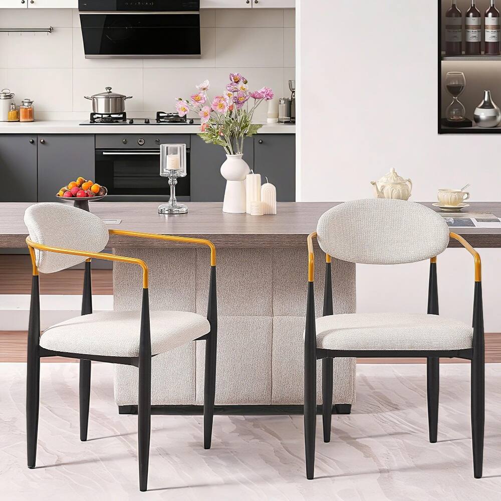 Back. Loheer - Loheer Modern Upholstered Dining Chairs Set of 2 Beige Fabric Metal Frame Ergonomic Seating for Home Office - Beige.
