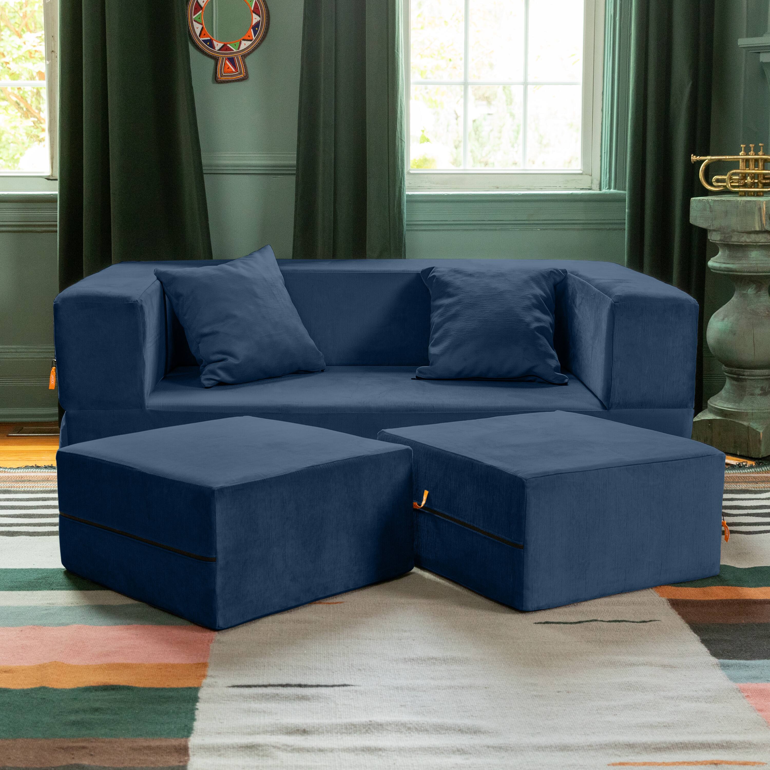 Alt View 1. Jaxx - Jaxx Zipline Convertible Sleeper Loveseat & Ottomans, Textured Microvelvet - Indigo - Indigo.