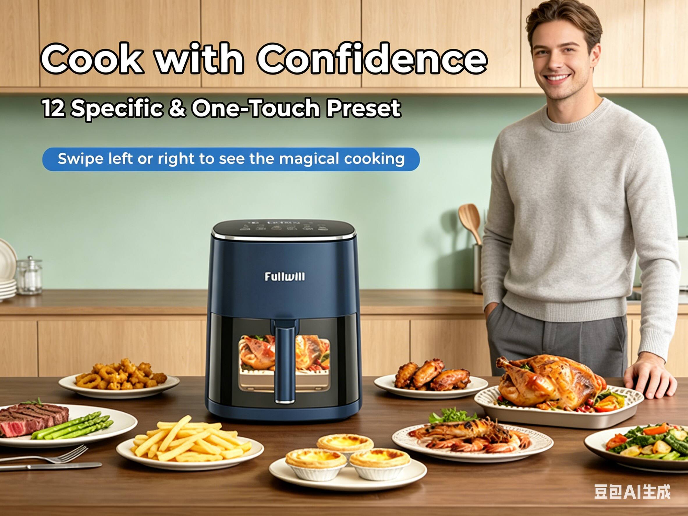 Cook with Confidence  
12 Specific & One-Touch Preset  
Swipe left or right to see the magical cooking  
INN 224245 Fullwill AI