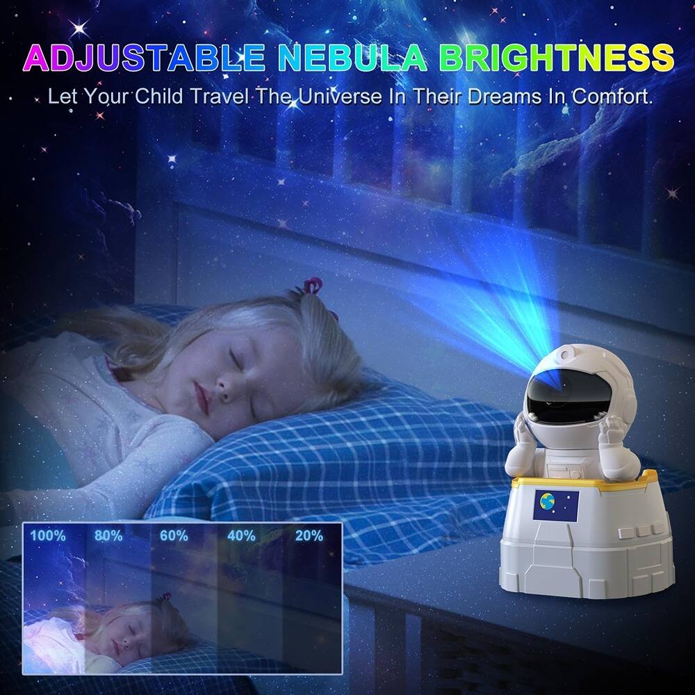ADJUSTABLE NEBULA BRIGHTNESS  
Let Your Child Travel The Universe In Their Dreams In Comfort.  

100% 80% 60% 40% 20%