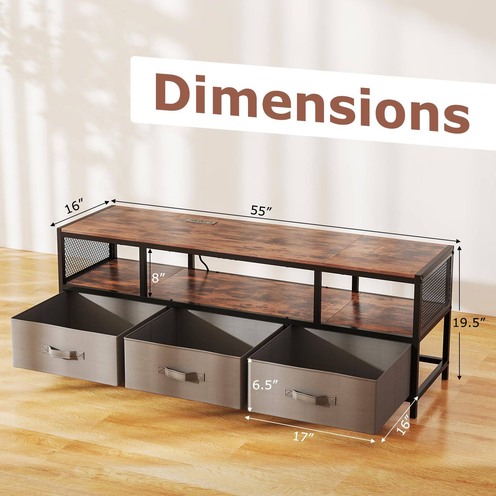 Dimensions:  
- Length: 55"  
- Width: 16"  
- Height: 19.5"  
- Drawer Height: 6.5"  
- Drawer Width: 17"  
- Shelf Height: 8"