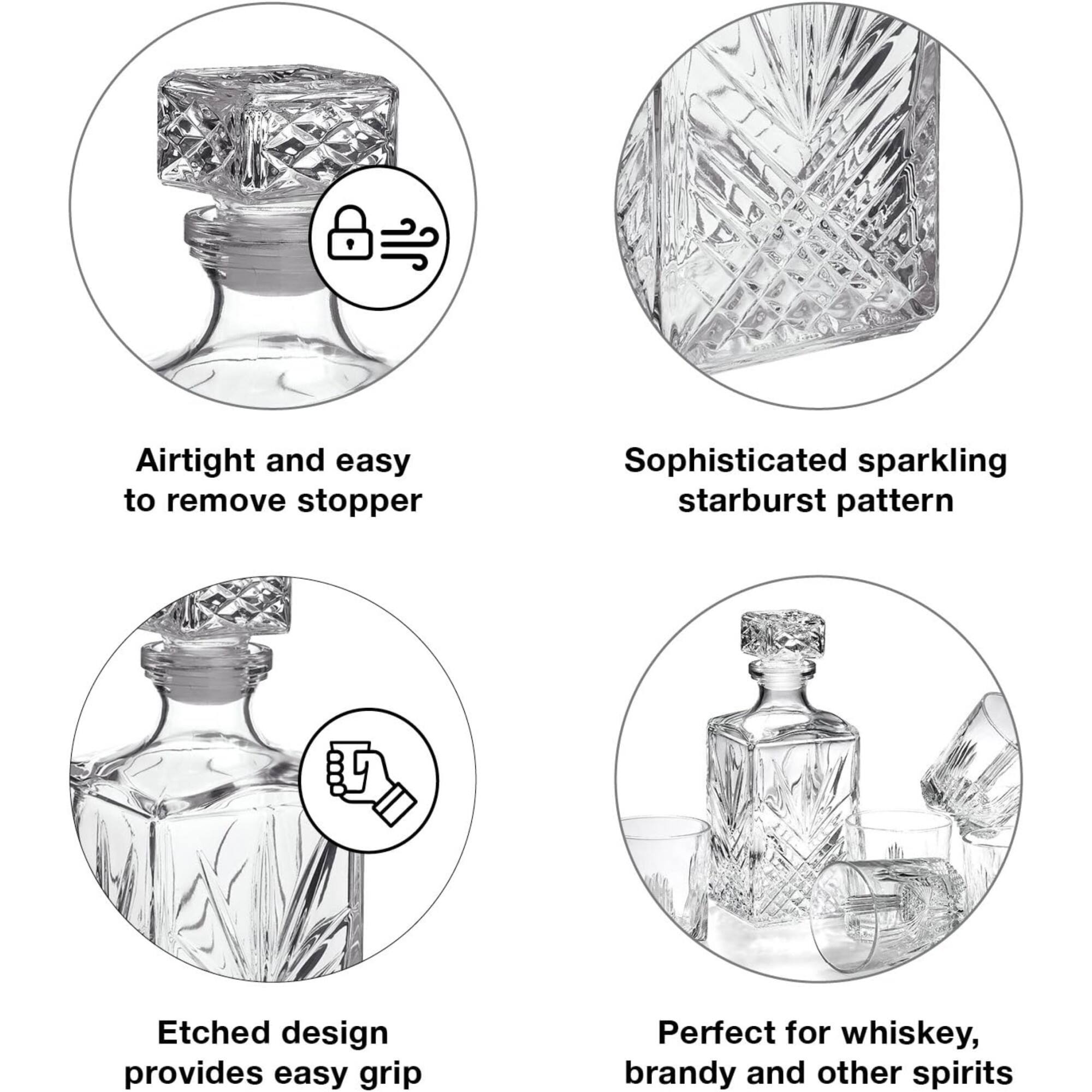 Airtight and easy to remove stopper  
Sophisticated sparkling starburst pattern  
Etched design provides easy grip  
Perfect for whiskey, brandy and other spirits