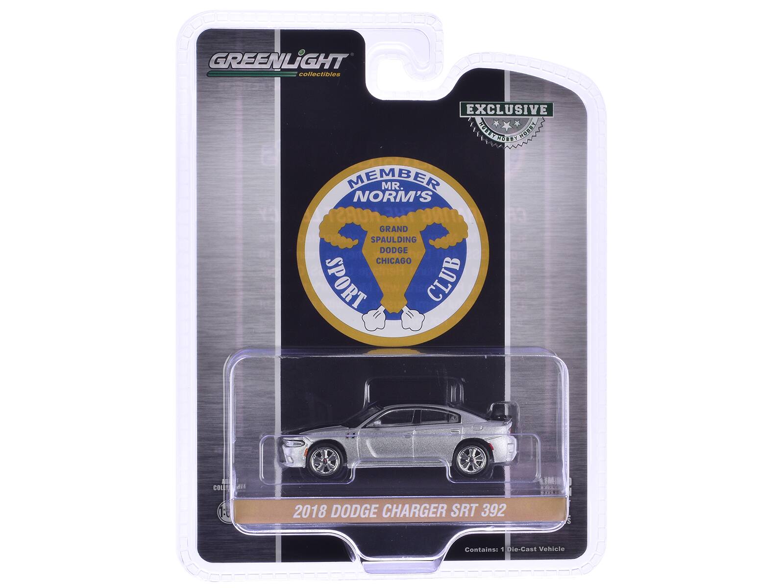 GREENLIGHT collectibles

EXCLUSIVE

MEMBER MR. NORM'S GRAND SPAULDING DODGE CHICAGO SPORT CLUB

2018 DODGE CHARGER SRT 392

Contains: 1 Die-Cast Vehicle

Cast Vehicle