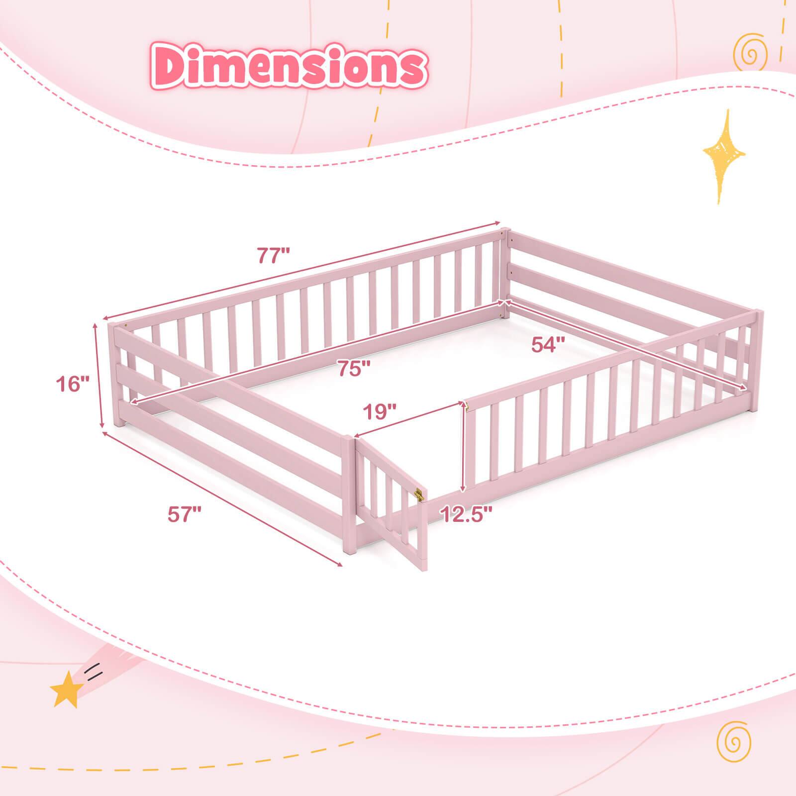 Dimensions:  
- Length: 77"  
- Width: 54"  
- Height: 57"  
- Side Rail Height: 19"  
- Front Rail Height: 16"  
- Stair Height: 12.5"