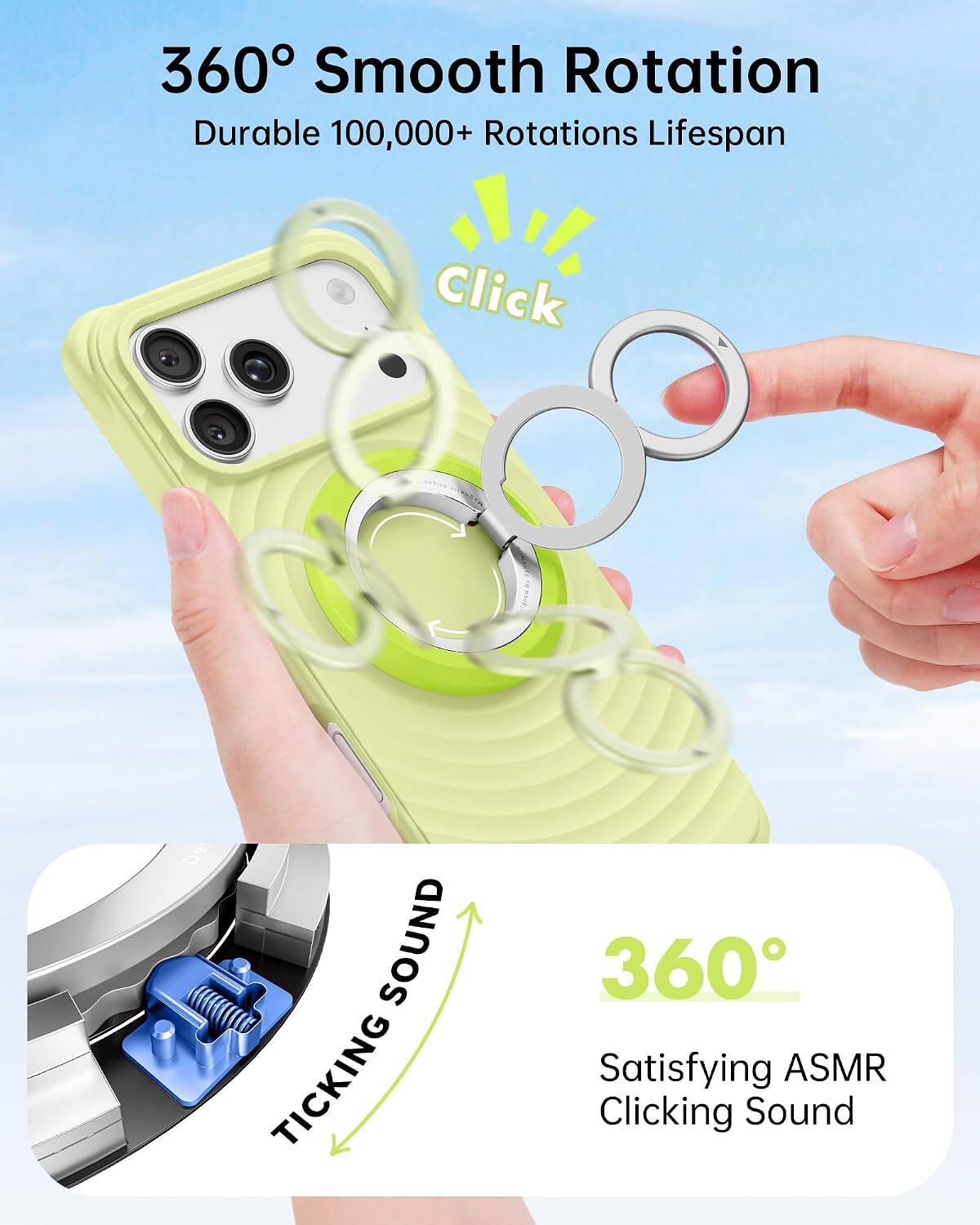 360° Smooth Rotation  
Durable 100,000+ Rotations Lifespan  

Click  

De:  
SOUND TICKING  
360° Satisfying ASMR Clicking Sound