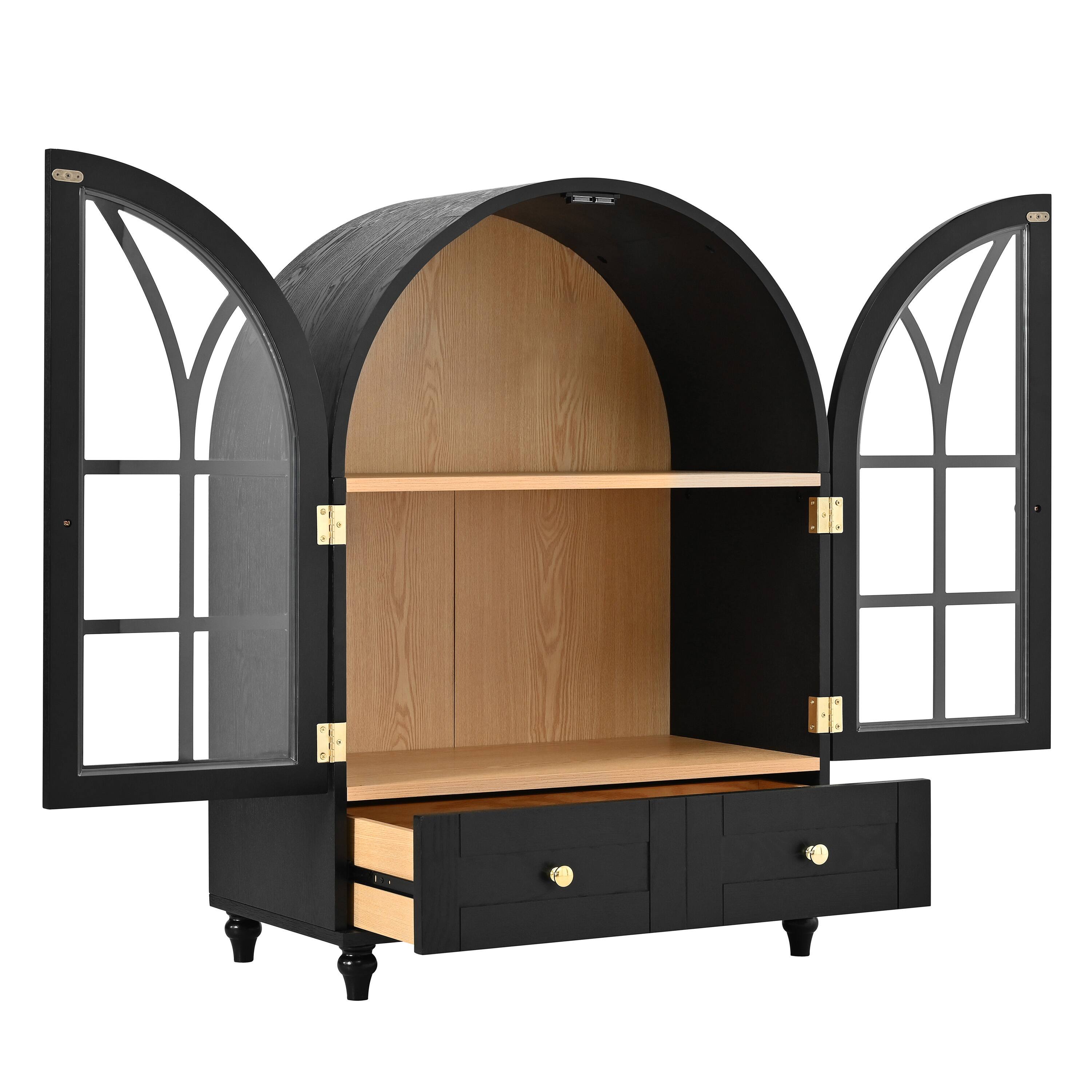 Alt View 8. Loheer - Loheer Arched Display Cabinet Wood Storage Cabinet with Glass Doors Accent Cabinet with Drawers for Living Room - Natural Wood.