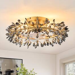 Parrot Uncle - Modern American Black Crystal Flush Mount Chandelier Ceiling Fan with Remote and Retractable Blades - Gold