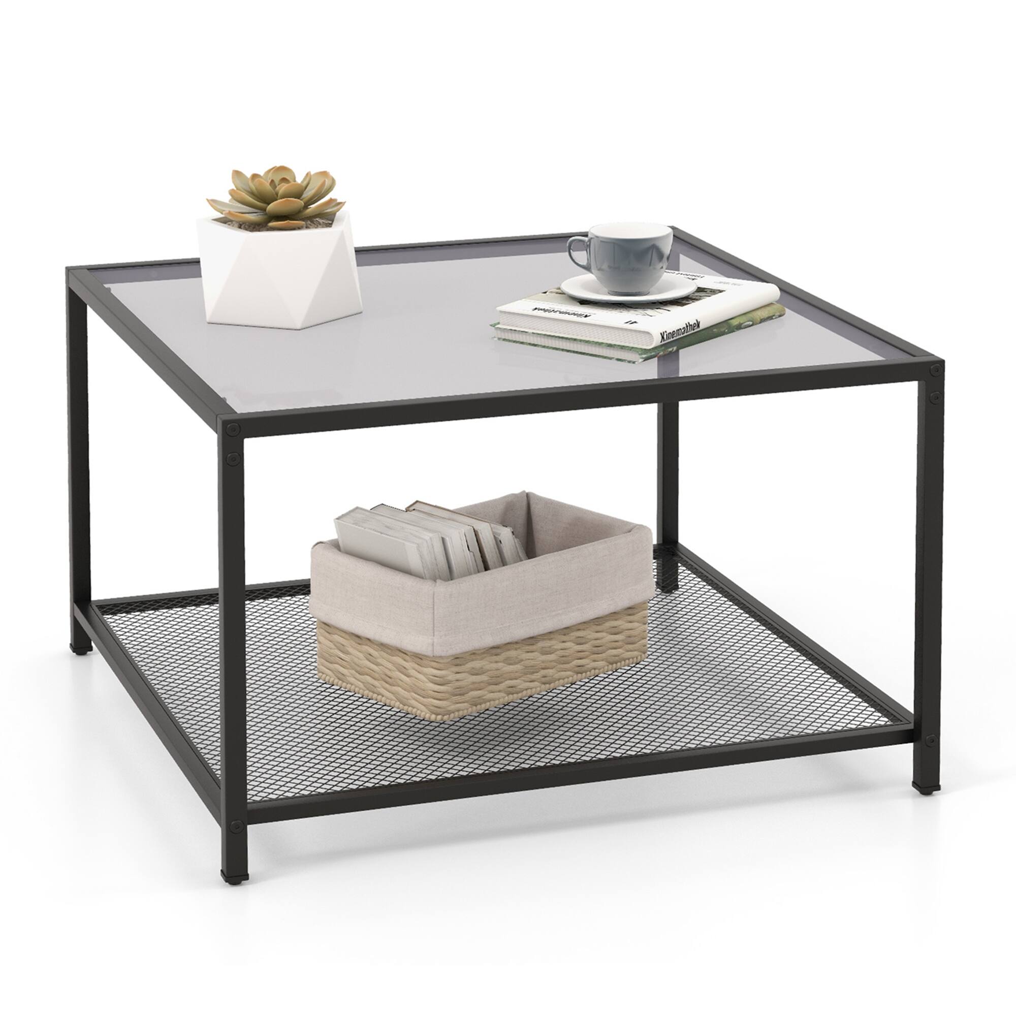 Costway - Glass Coffee Table 27.5 Inch 2-Tier Square with Mesh Shelf Living Room Grey - Grey and Black