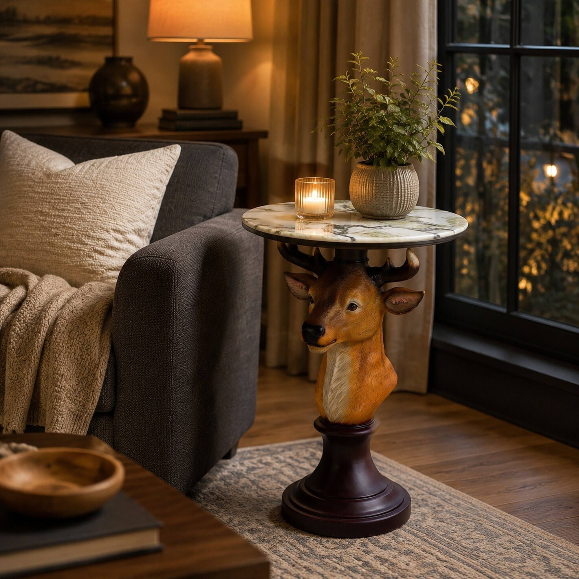 Left. RYHNUYNE - Deer Head Accent Table with Faux Marble Top for Living Room, Cabin, and Rustic Themed Decor - Brown.