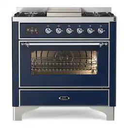 ILVE - Majestic II Series 36 in. Dual Fuel Range with 6 Sealed Burners + Griddle (Natural Gas, Chrome Trim) - Midnight Blue