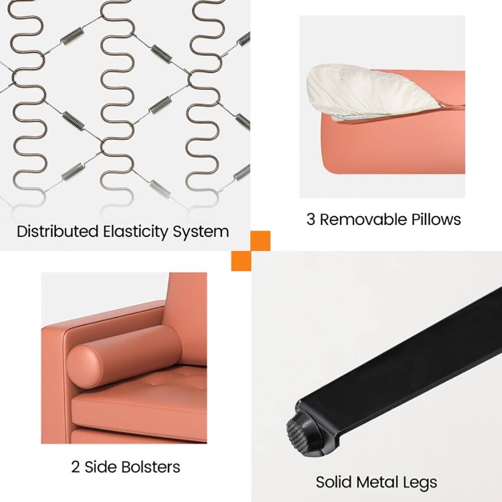 - Distributed Elasticity System
- 3 Removable Pillows
- 2 Side Bolsters
- Solid Metal Legs
