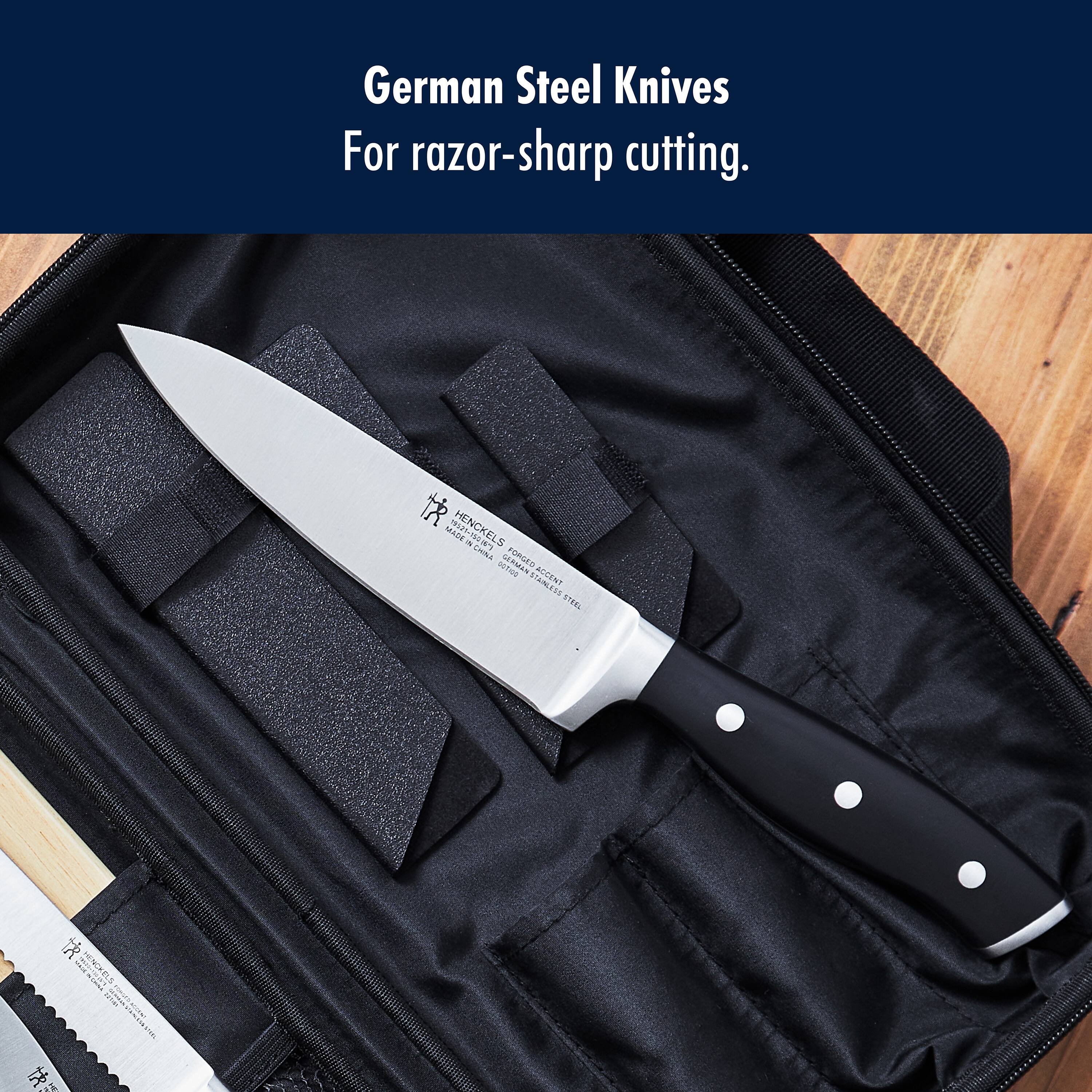 German Steel Knives For razor-sharp cutting.  
HENCKELS MADE - CVUA eo NOTS STAINLESS T8L