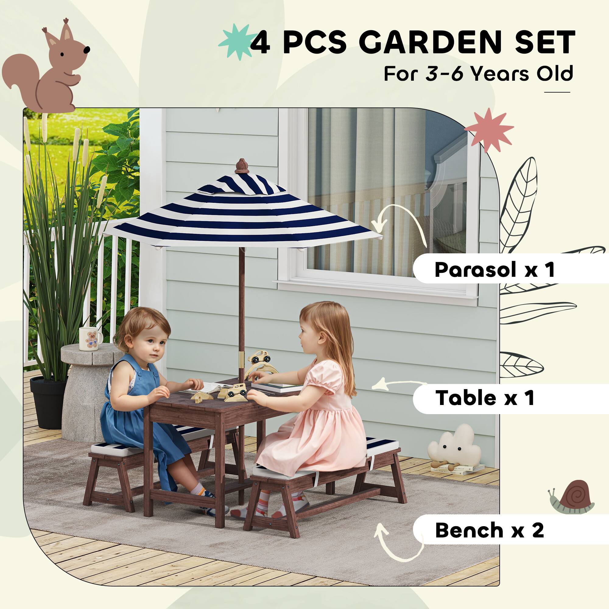 4 PCS GARDEN SET  
For 3-6 Years Old  

Parasol x 1  
Table x 1  
Bench x 2