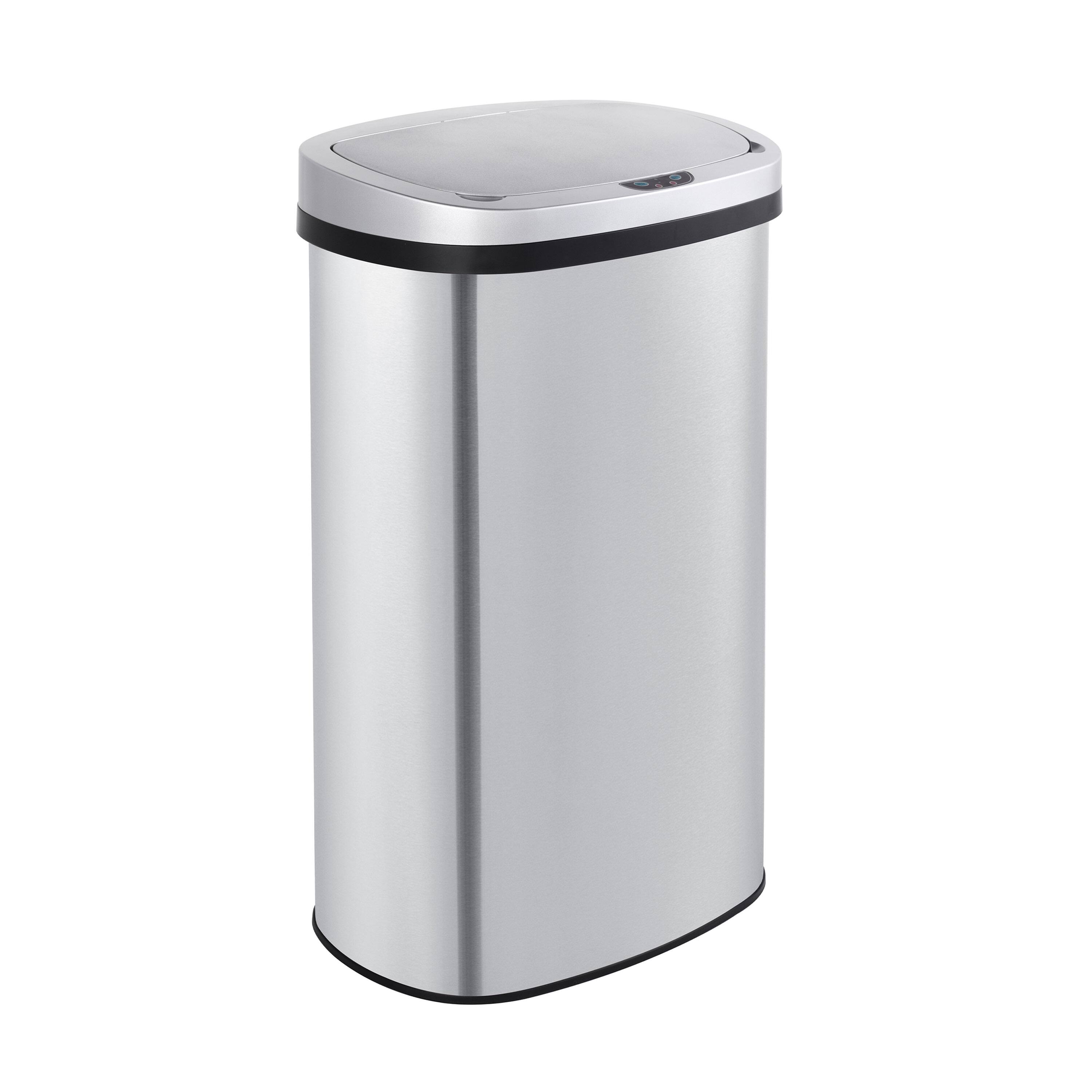 Angle. Innovaze - 15.6 Gal./60 Liter Stainless Steel Oval Motion Sensor Trash Can for Kitchen - Silver.