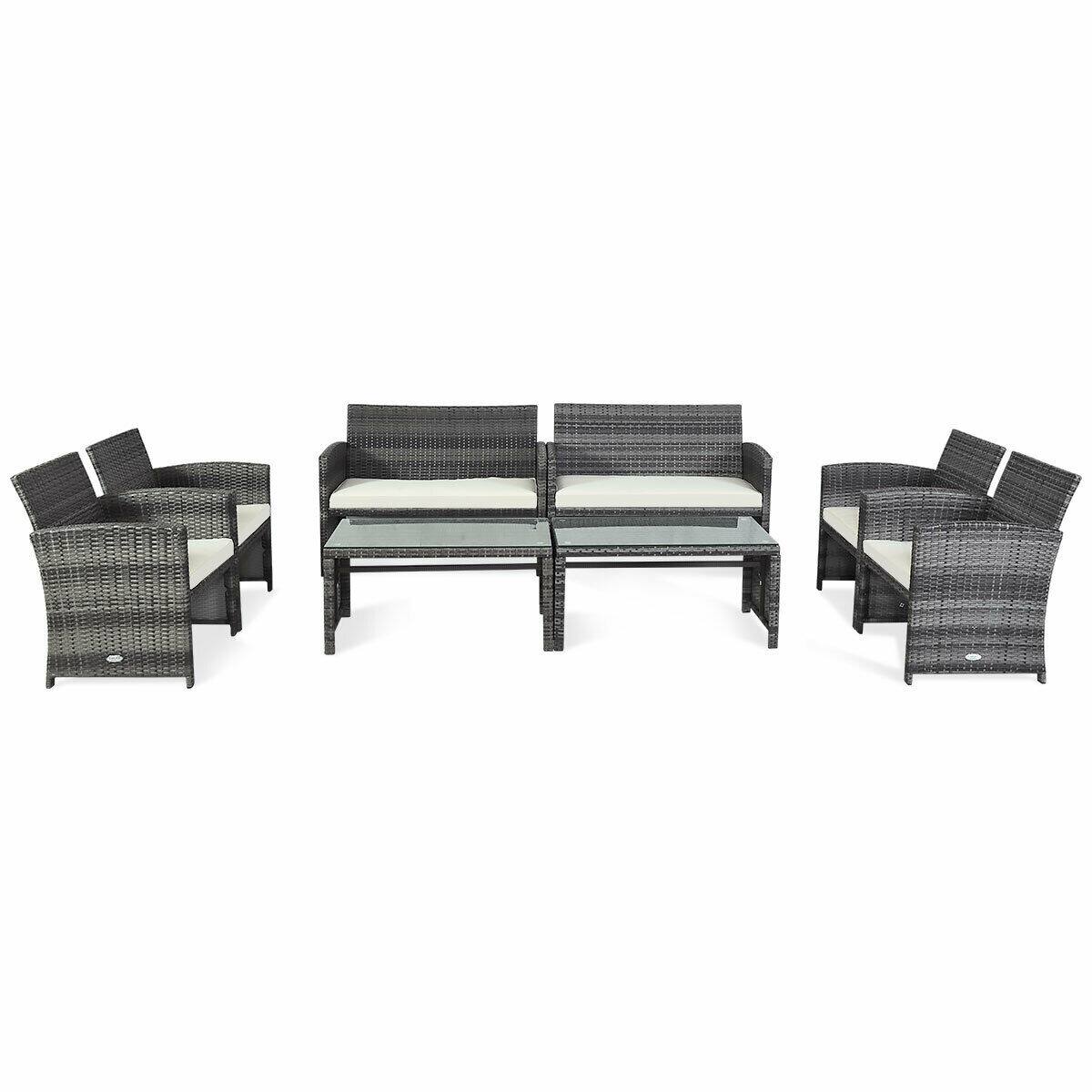 Gymax - 8PCS Patio Outdoor Rattan Furniture Set w/ Cushioned Chair Loveseat Table - Mix Grey