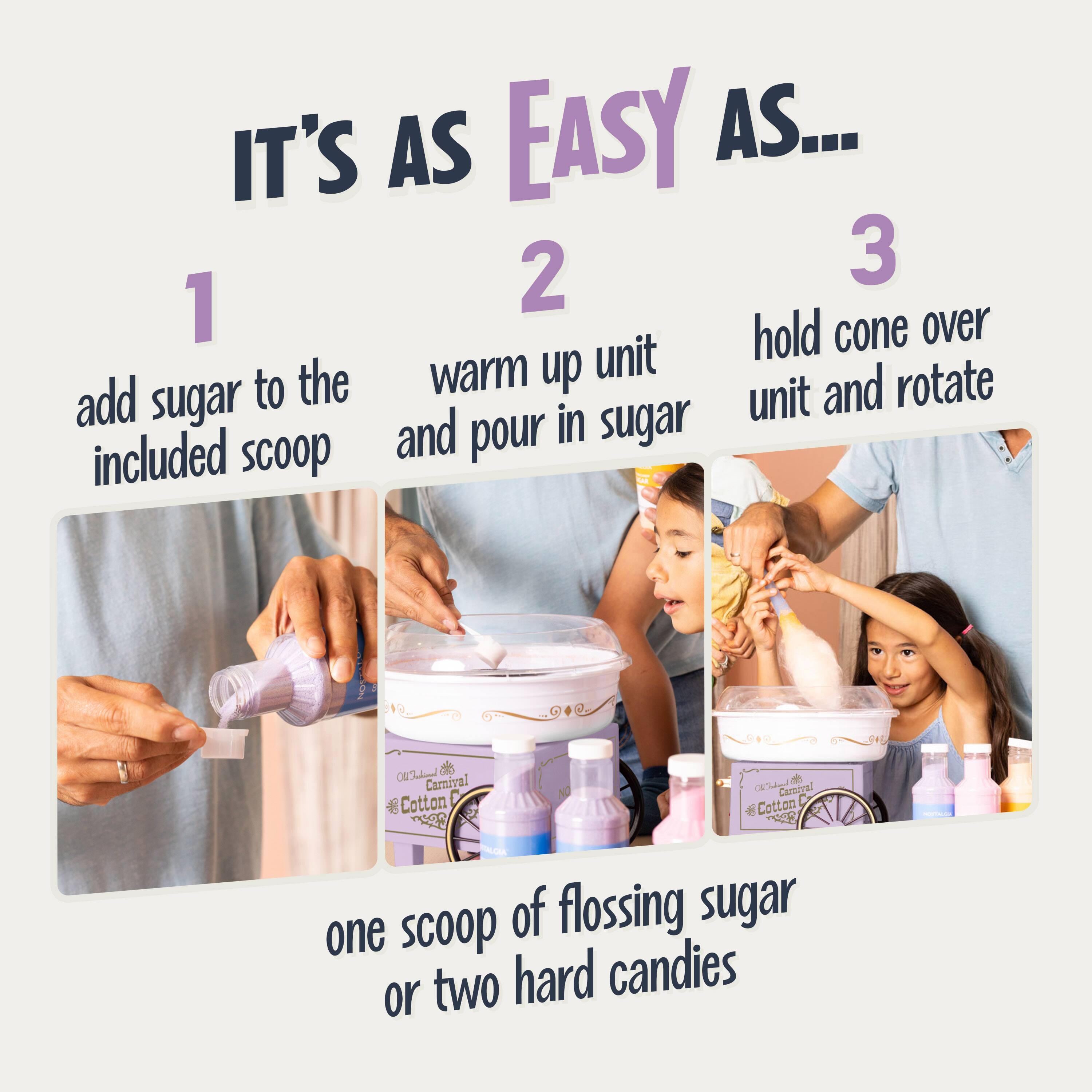 IT'S AS EASY AS...
1. add sugar to the included scoop
2. warm up unit and pour in sugar
3. hold cone over unit and rotate

one scoop of flossing sugar or two hard candies