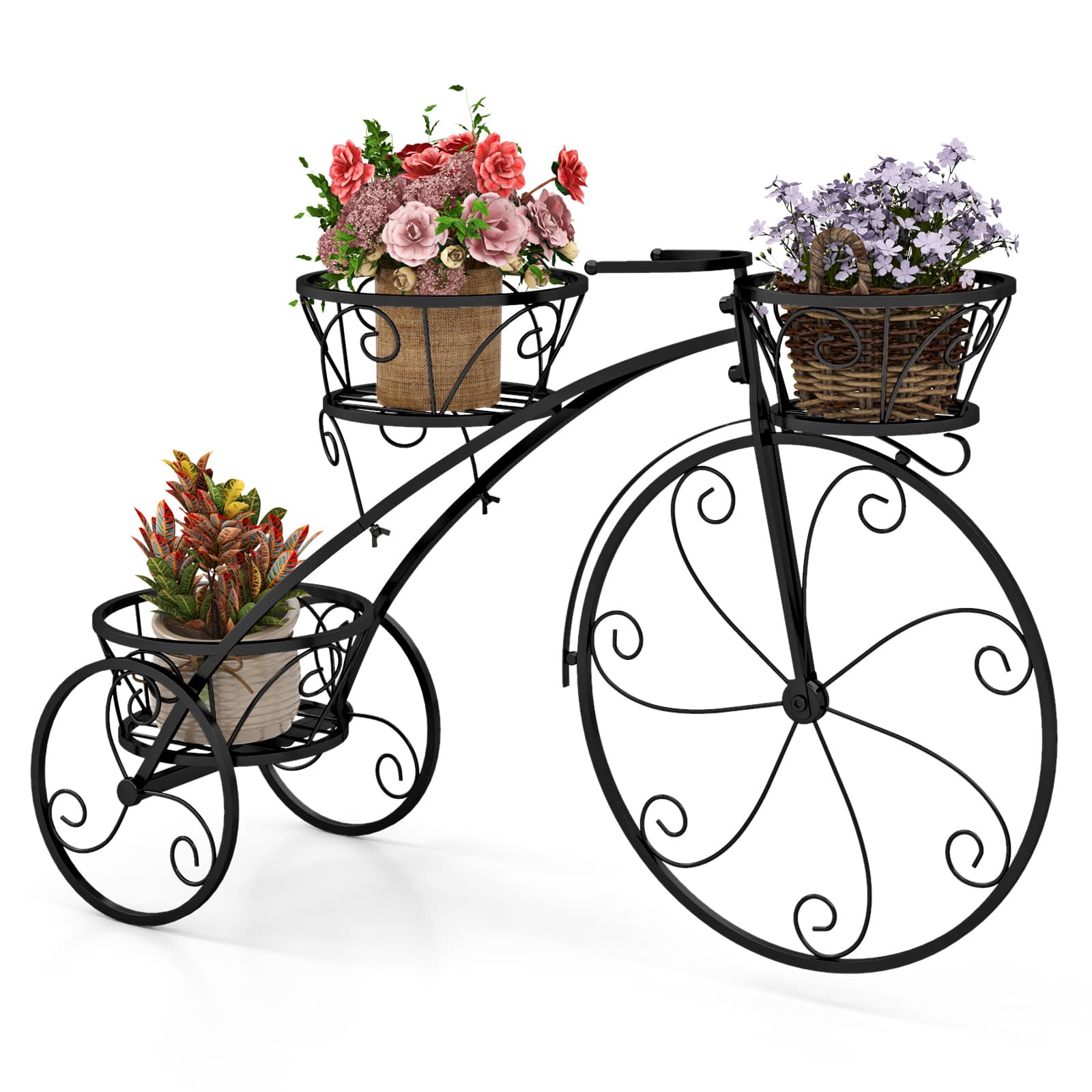 Gymax - 3-Tier Bicycle Plant Stand w/ Hollowed Baskets Metal Flower Pot Cart Holder - Black