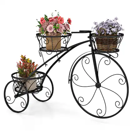 Front. Gymax - Gymax 3-Tier Bicycle Plant Stand w/ Hollowed Baskets Metal Flower Pot Cart Holder Black - Black.