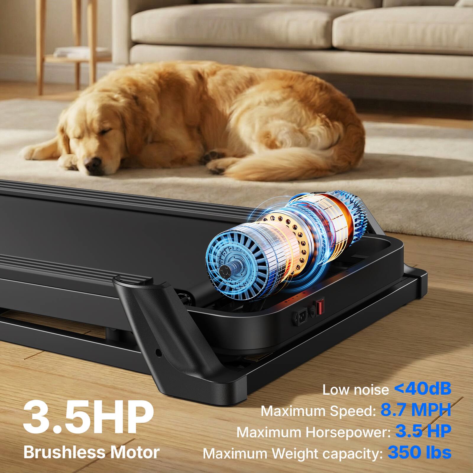 Low noise <40dB  
Maximum Speed: 8.7 MPH  
Maximum Horsepower: 3.5 HP  
Maximum Weight capacity: 350 lbs  

3.5HP Brushless Motor