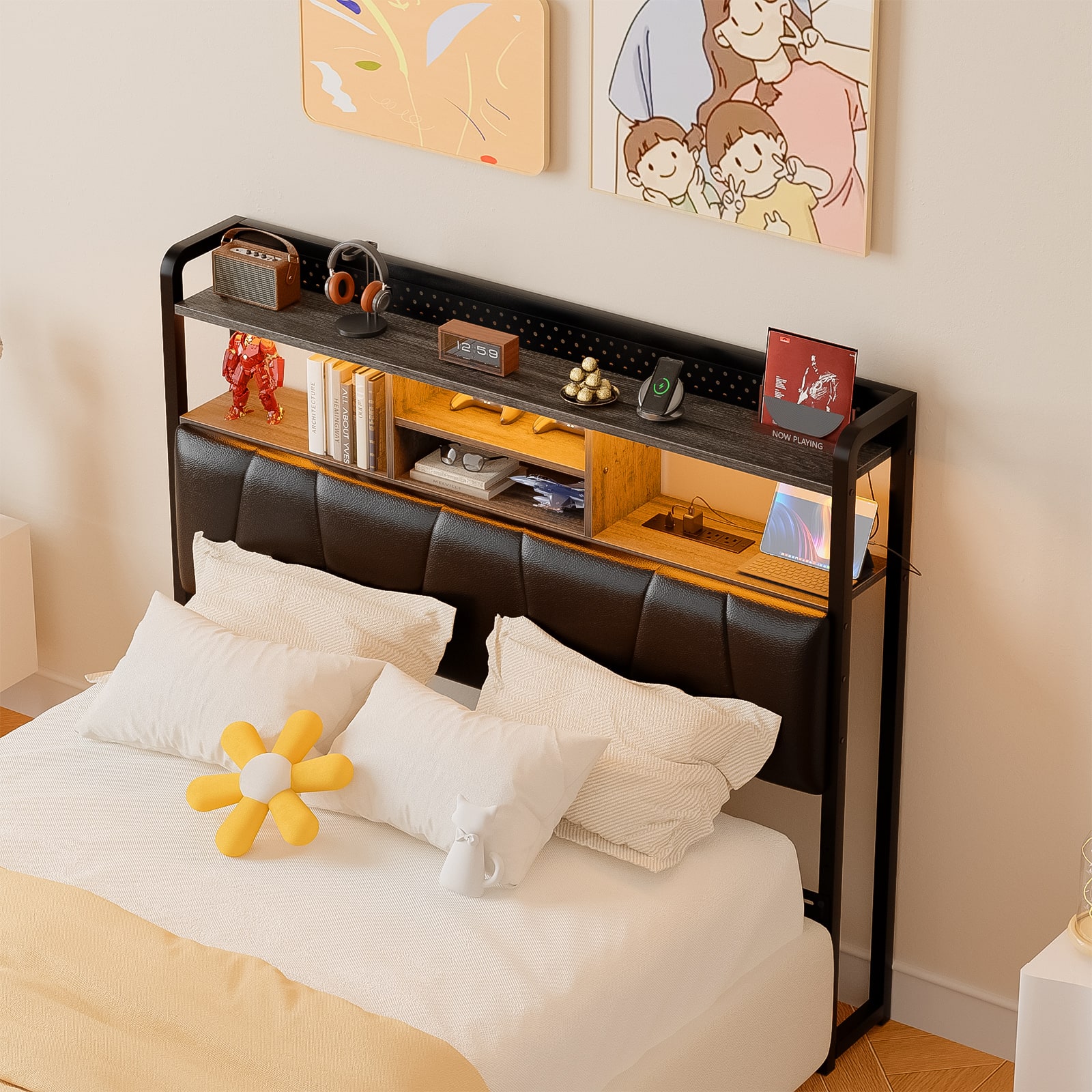 Aheaplus - Full Size Upholstered Headboard with Power Outlets, USB Ports & RGB LED Light - Gray Oak