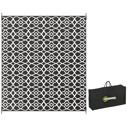 Front. Outsunny - Outdoor Rug for Patio, 8' x 10' Waterproof Large Mat, Reversible Plastic Straw Rug for Décor - Black and White Clover.