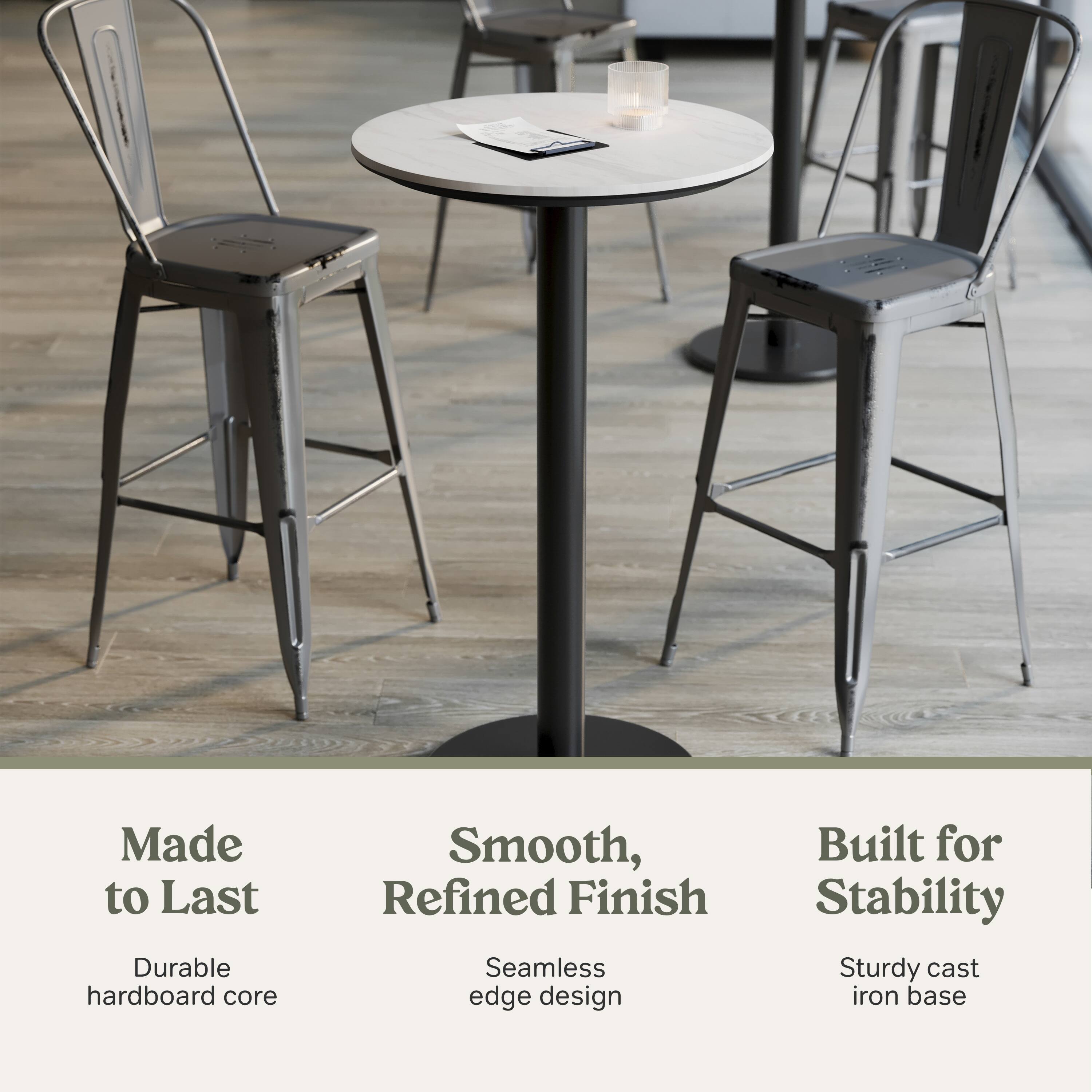 Made to Last  
Durable hardboard core  

Smooth, Refined Finish  
Seamless edge design  

Built for Stability  
Sturdy cast iron base