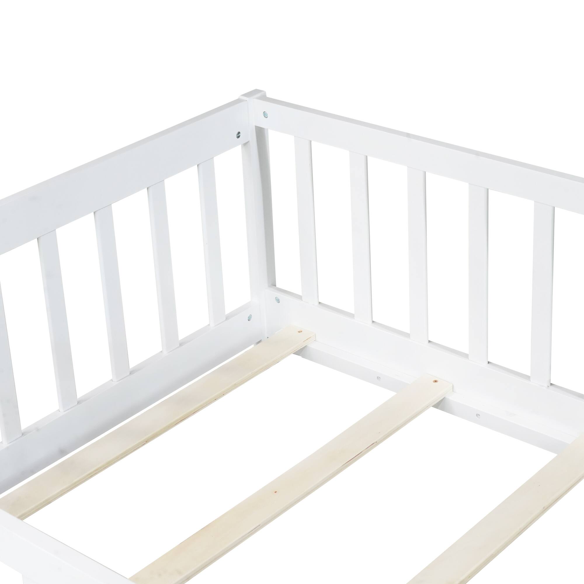 Alt View 9. GOODSILO - Twin Size Low-Profile Children's Floor Bed with Safety Guardrails and Entry Door, Natural Wood Finish - White.
