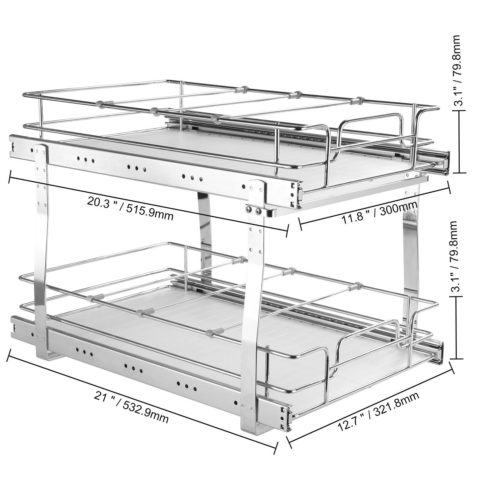 Here is the corrected and grouped text:

- 79.8mm - 3.1"
- 20.3"
- 515.9mm
- 11.8"
- 300mm
- 12.7"
- 321.8mm
- 21"
- 532.9mm

The image shows a metal shelving unit with dimensions:
- 20.3" / 515.9mm
- 11.8" / 300mm
- 21" / 532.9mm
- 12.7" / 321.8mm
- 1.8" / 45.7mm
- 1.3" / 33mm
- 1.1" / 28mm