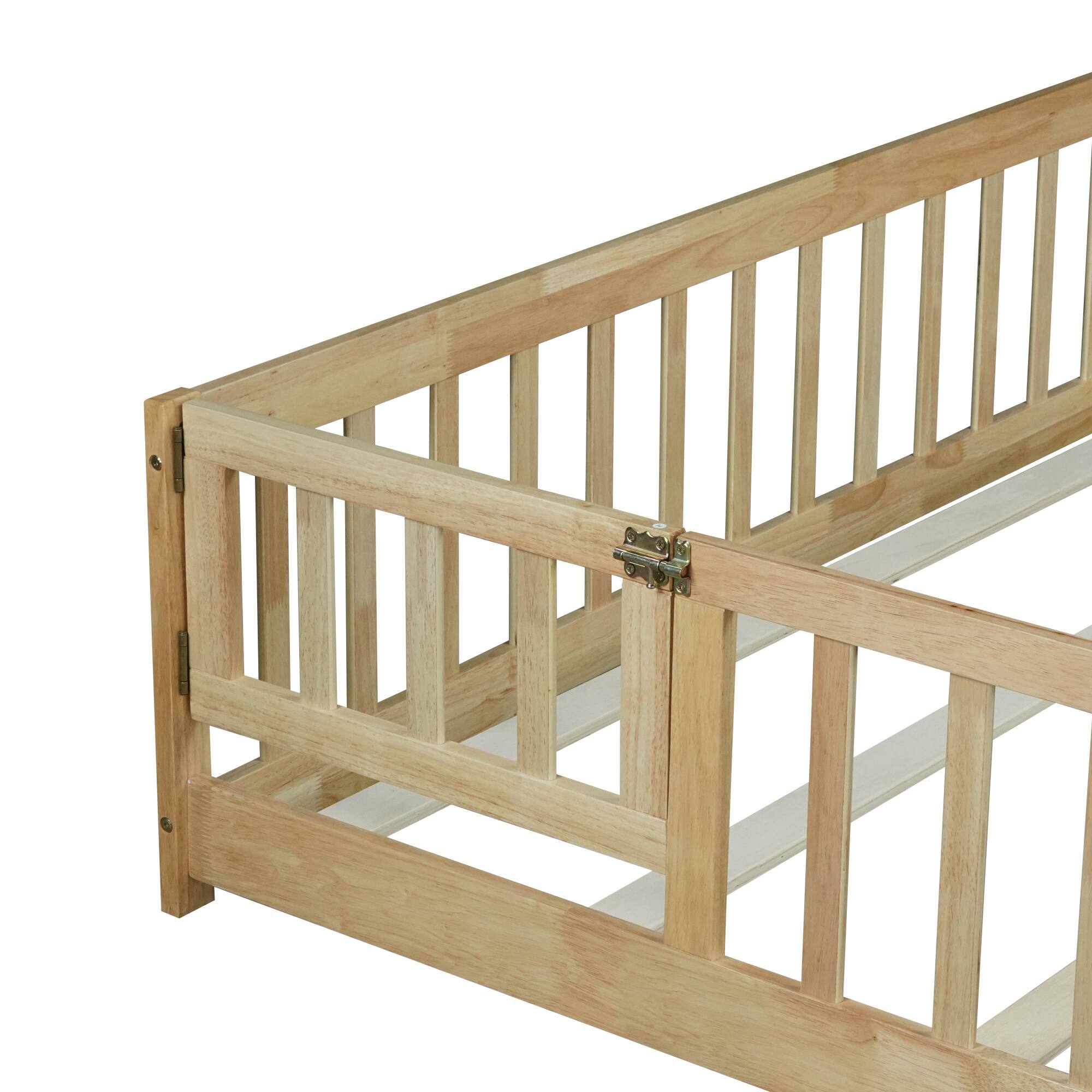 Alt View 8. GOODSILO - Queen Size Low-Profile Platform Bed with Safety Guardrails and Entry Door for Secure Sleeping Space - Natural.