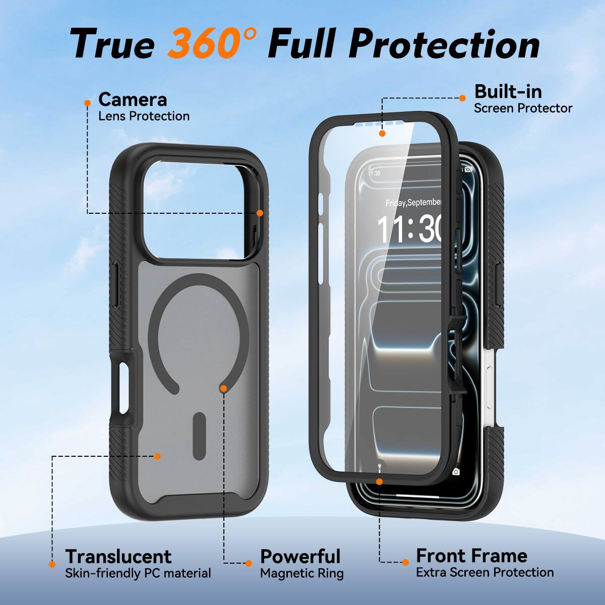 True 360° Full Protection

- Camera Lens Protection
- Built-in Screen Protector
- Translucent Skin-friendly PC material
- Powerful Magnetic Ring
- Front Frame Extra Screen Protection