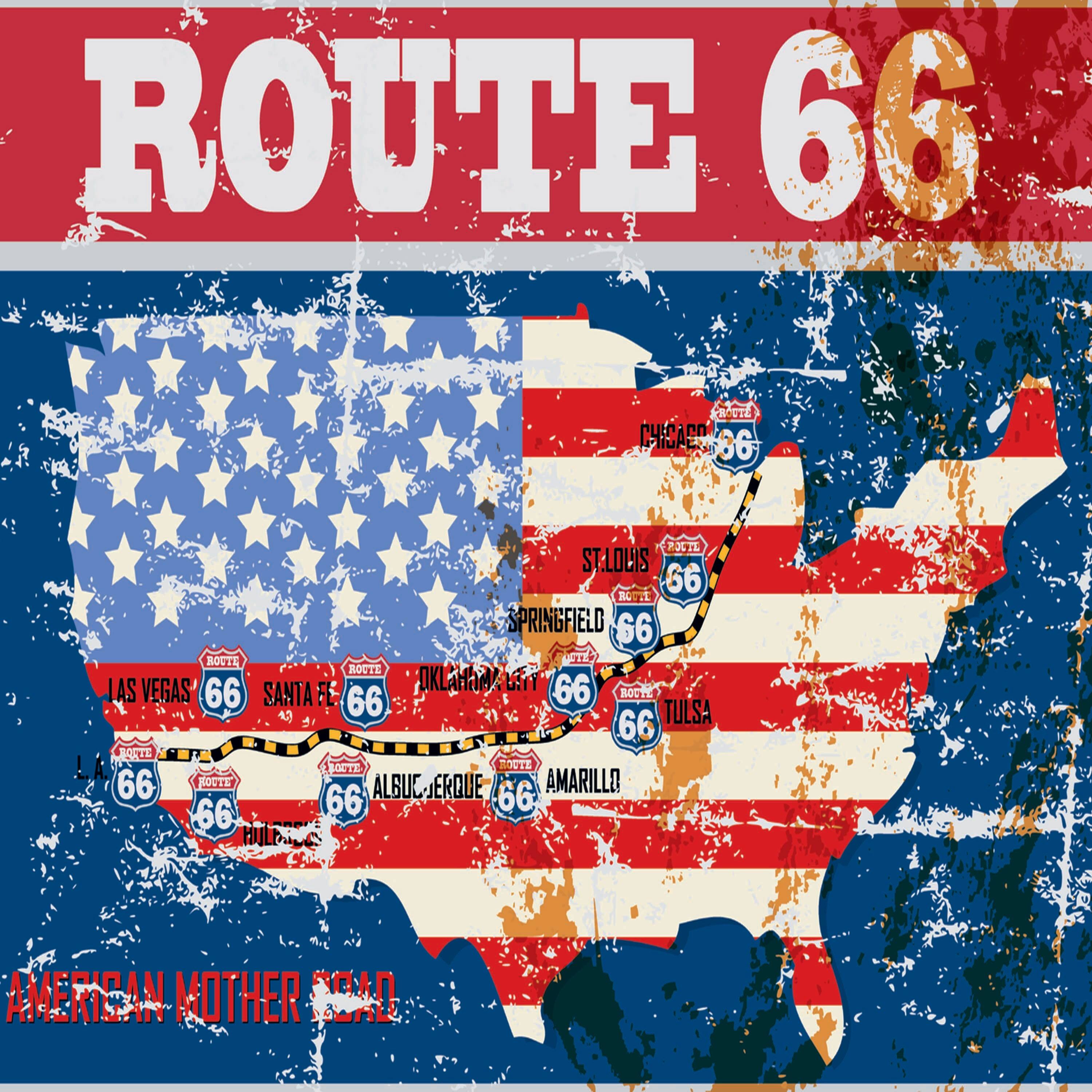 ROUTE 66  
CHICAGO 66  
ST. LOUIS 66  
SPRINGFIELD 66  
LAS VEGAS  
OKLAHOMA CITY  
SANTA FE  
TULSA  
ALBUQUERQUE  
AMARILLO  
AMERICAN MOTHER ROAD