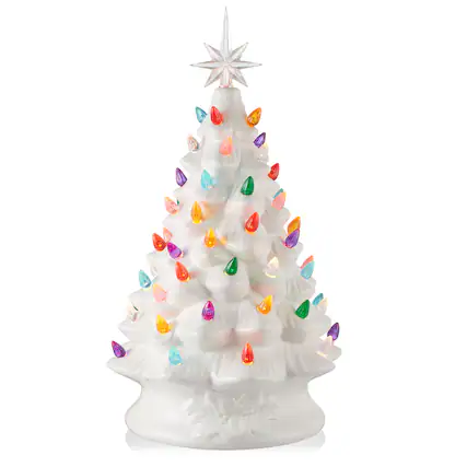 Front. Casafield - 15-in Hand Painted Ceramic Christmas Tree - Pre-Lit Tree with Star - White.