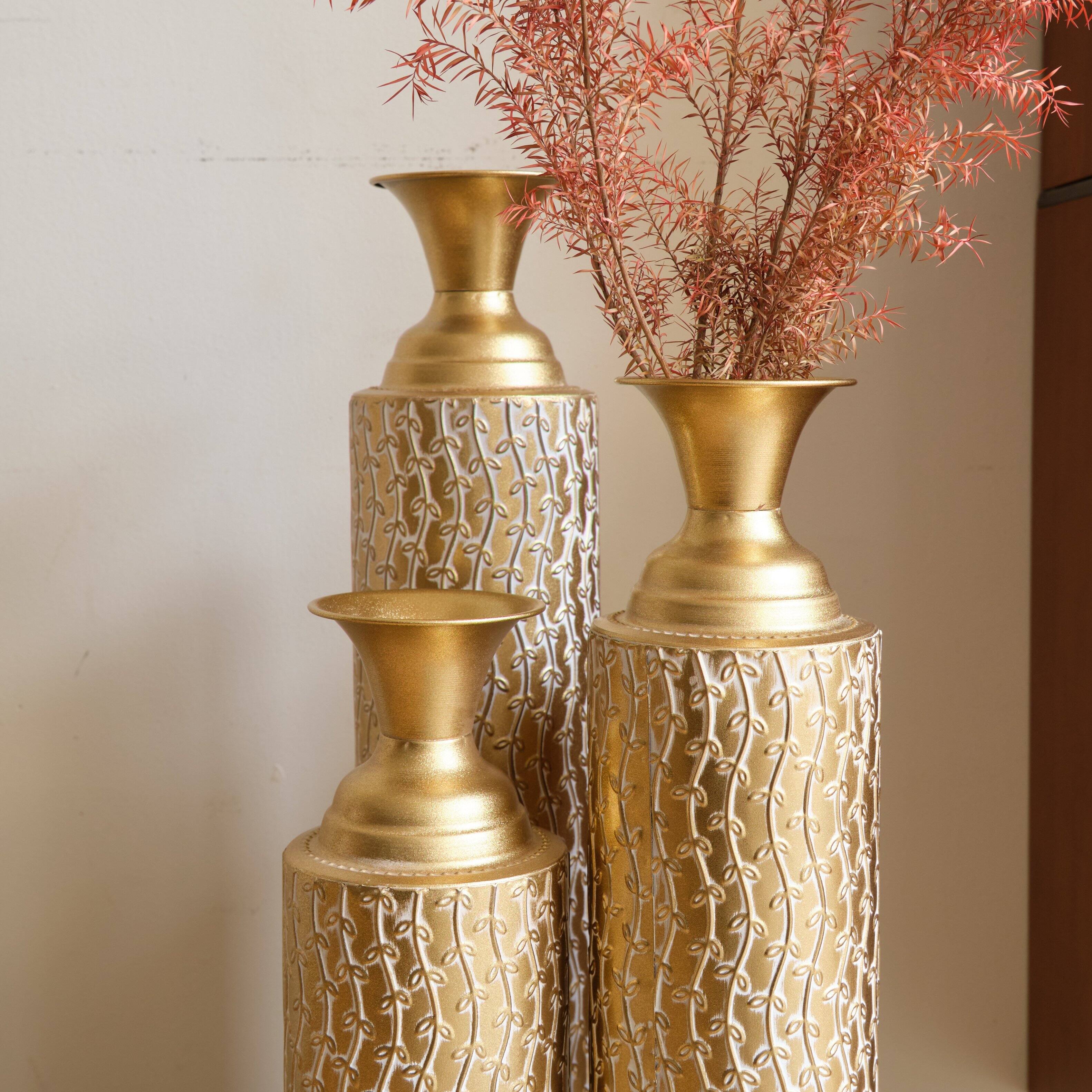 Alt View 2. Anysun - Metal Decorative Vases Set of 3 - High Distress Finish with Vine Patterns, 34"/29"/25"H for Home Decor - Gold.