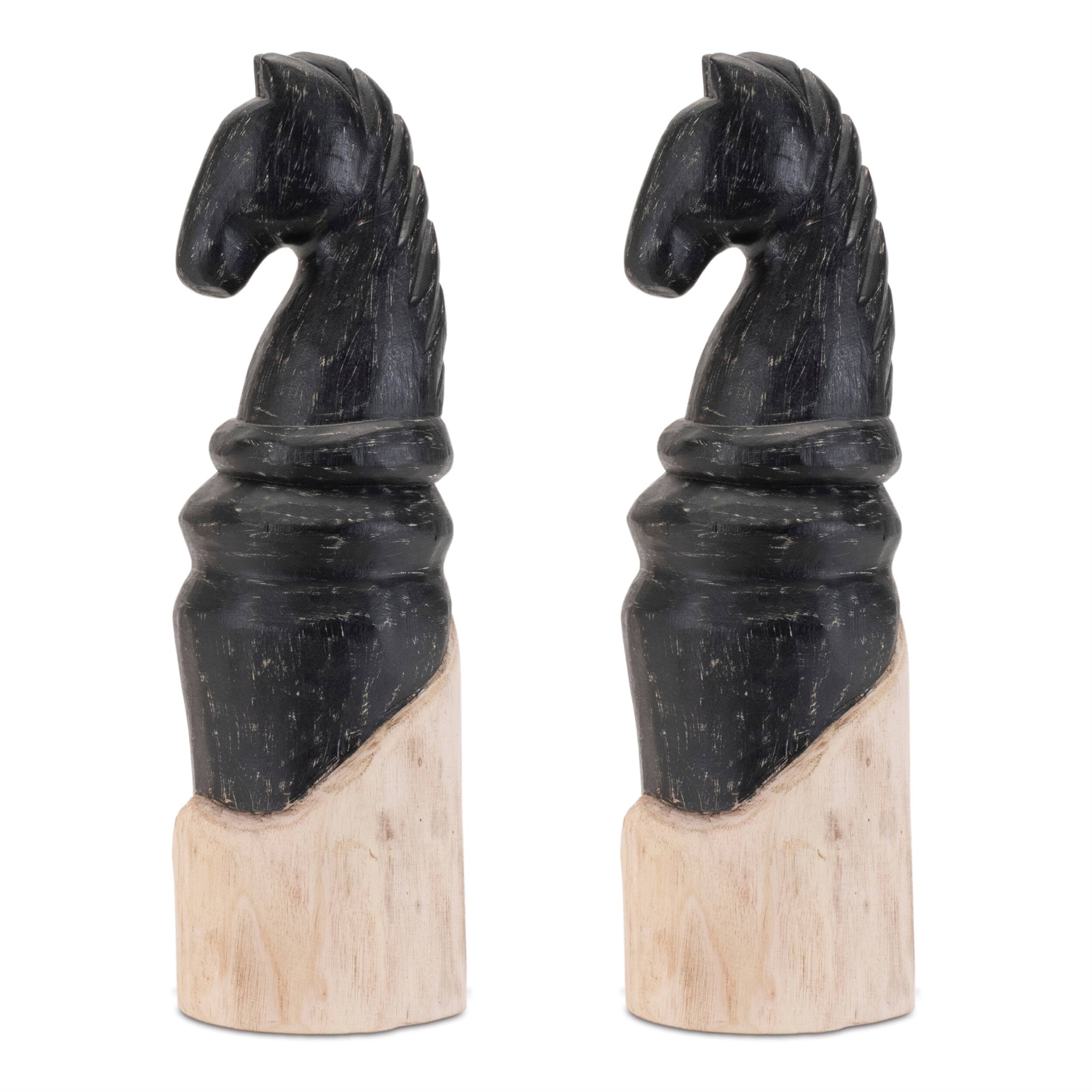 Back. BreeBe - Mango Wood Knight Chess Piece Sculpture (Set of 2) - Black, Beige.