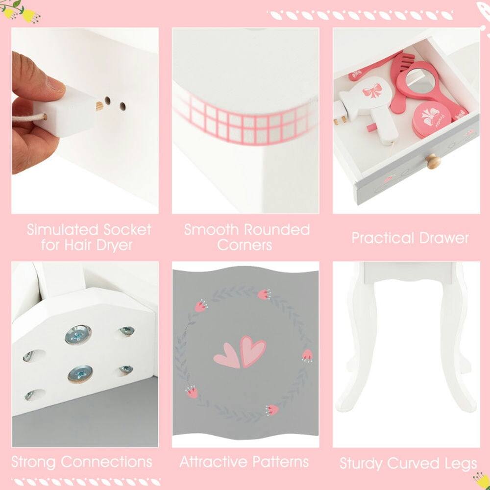 Simulated Socket for Hair Dryer  
Smooth Rounded Corners  
Practical Drawer  
Strong Connections  
Attractive Patterns  
Sturdy Curved Legs