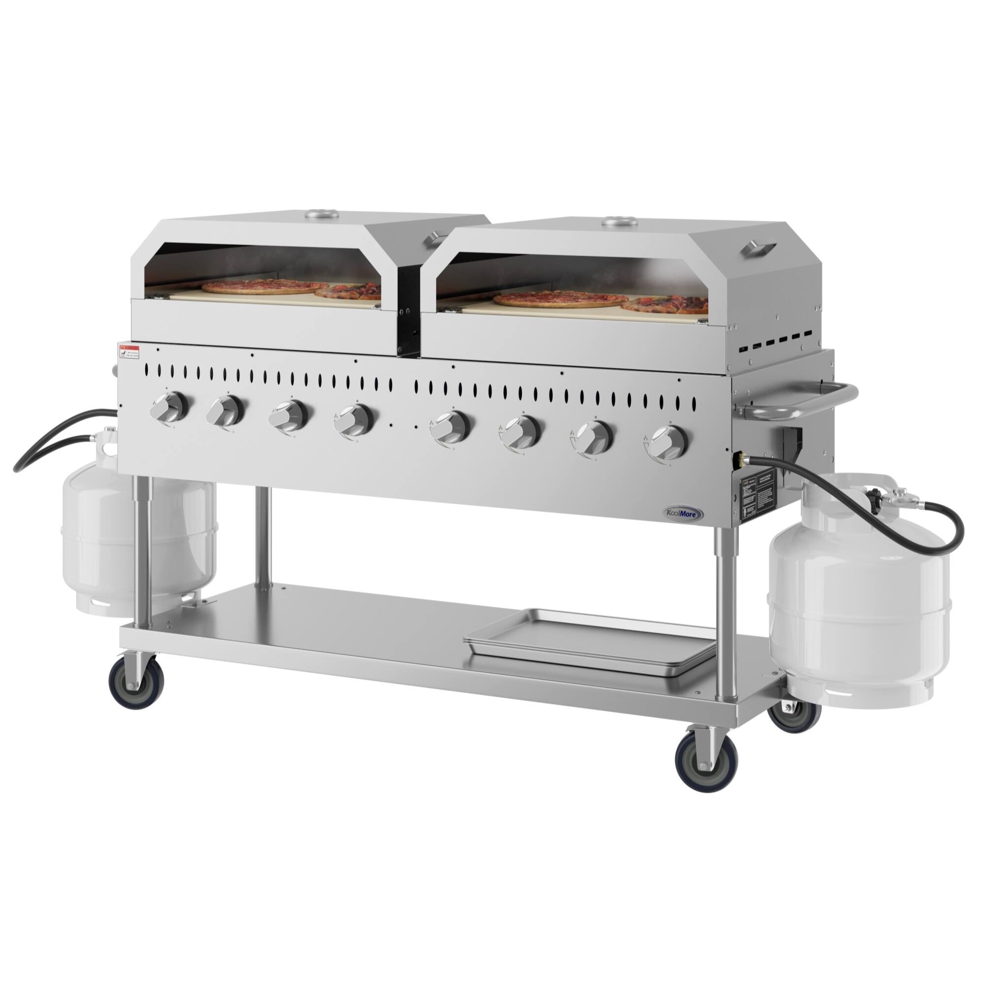 Angle. Koolmore - 60 in. 8-Burner Commercial Outdoor Propane Gas Grill with Two 30 in. Pizza Ovens in Stainless-Steel, (CGKIT6-P30P30) - Stainless Steel.