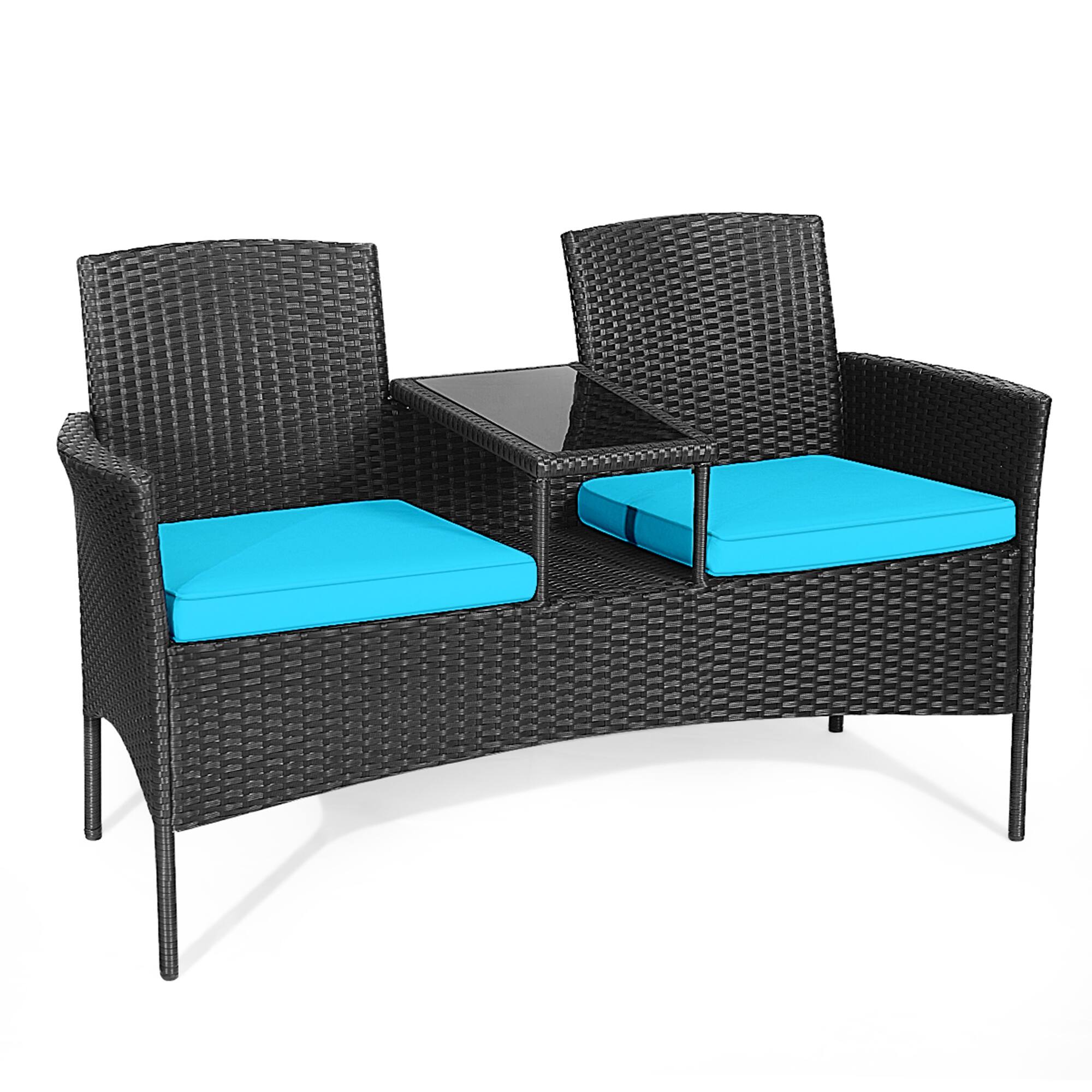 Alt View 3. Gymax - Gymax Rattan Wicker Patio Conversation Set w/ Table Turquoise Cushion - Turquoise.