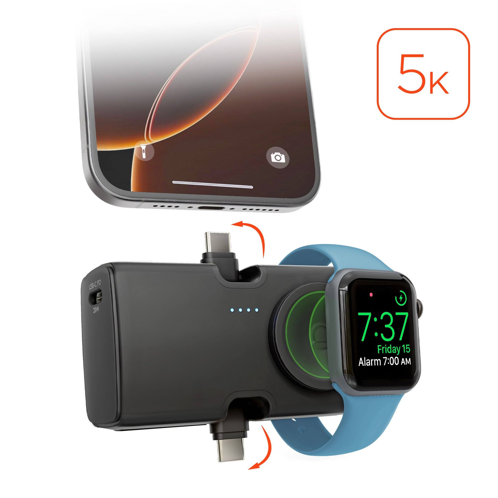 iBasics - 5000mAh Mini Power Bank with Apple Watch Charger & Dual USB-C - Black