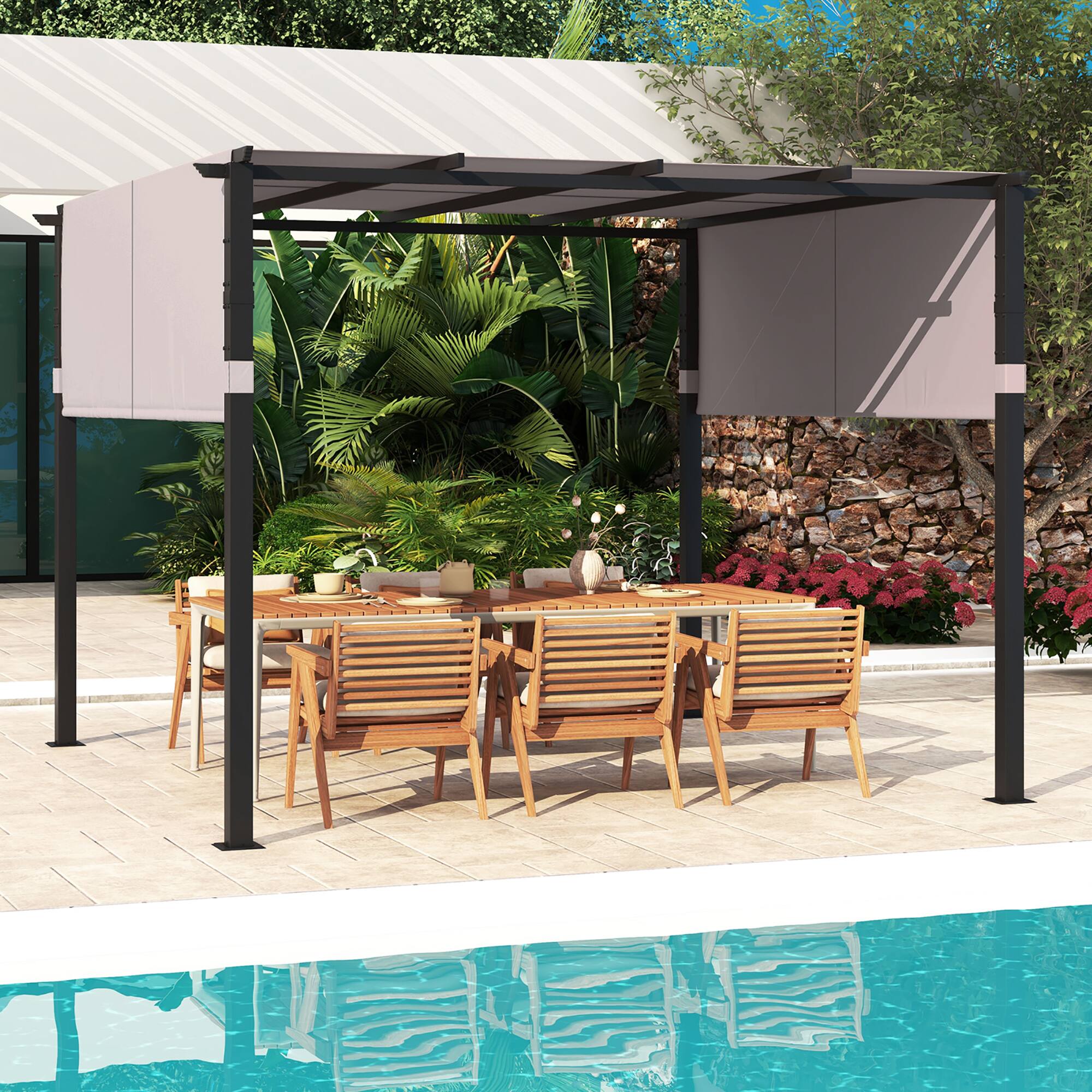 Alt View 1. Gymax - Gymax 10 x 10 ft Flat Top Pergola w/ Retractable Canopy Outdoor Grill Gazebo Gray - Gray.