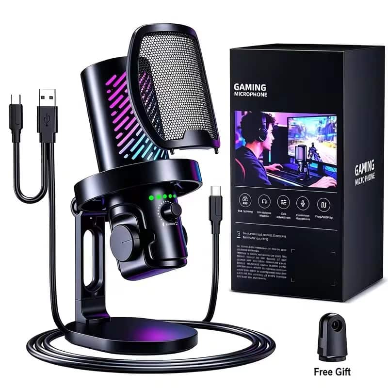 PRIMEPLUS - USB Condenser Microphone with RGB and Noise Reduction for Gaming Podcast Streaming