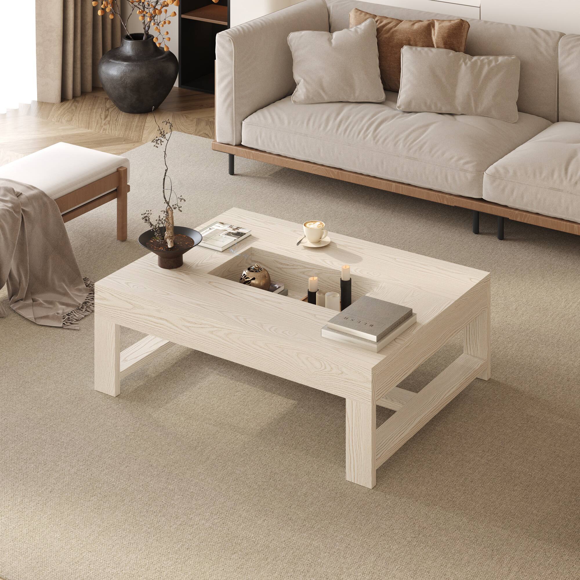 Front. FUFU&GAGA - Wood Grain Hollow Coffee Table with Central Storage and Minimalist Frame for Living Room - Off-White.