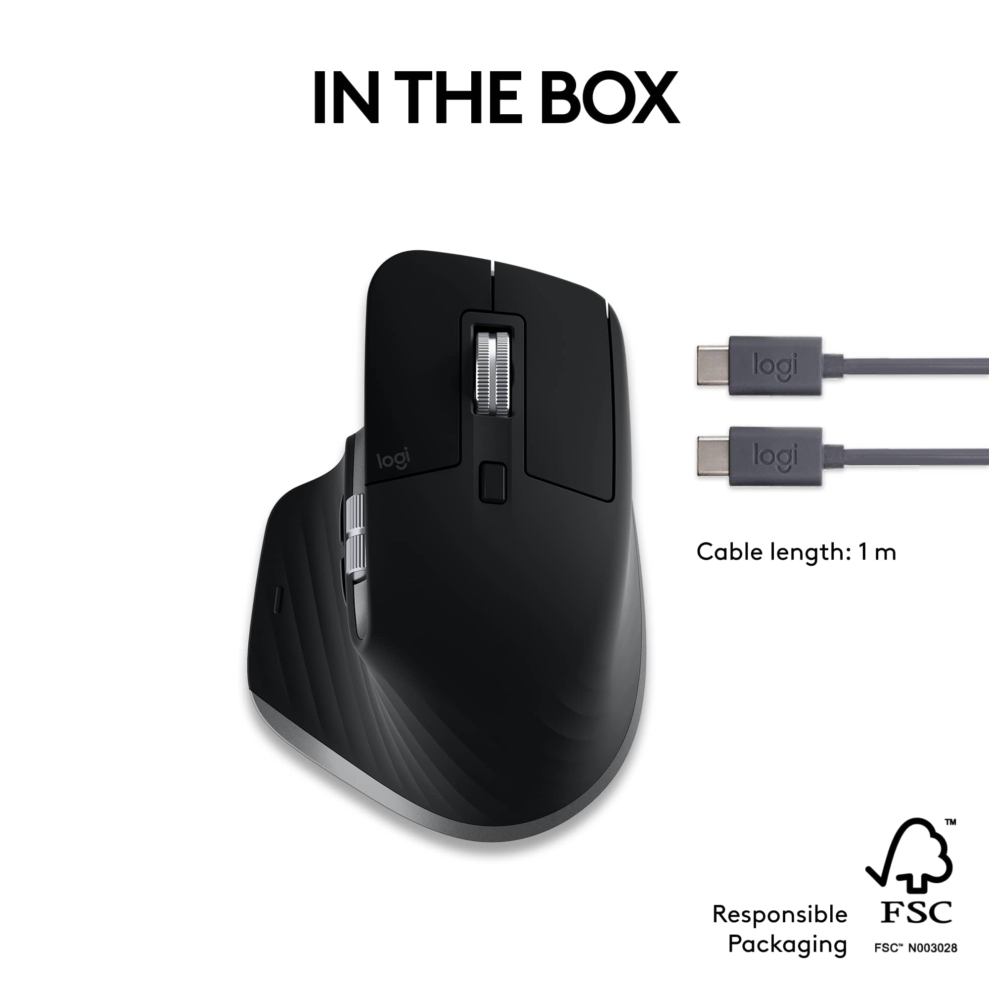 In the box, there is a black Logitech mouse with a cable length of 1 meter. The packaging is made from responsible FSC materials.